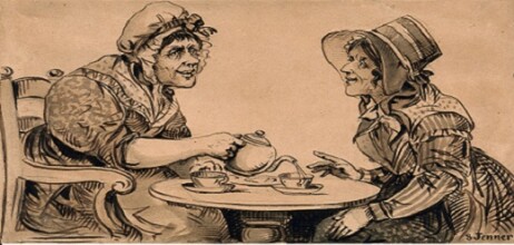 Two women taking tea at a small round table. Ink drawing by S. Jenner, ca. 1850. Wellcome Collection. https://wellcomecollection.org/works/aeu575m7<br />
