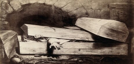 A man with cholera buried prematurely. Photograph after painting by A. J. Wiertz:<br />
https://wellcomecollection.org/works/h94tevfb/images?id=cgj8g8b6<br />
