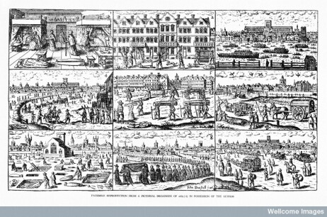 Nine images of the Great Plague of London in 1665<br />
Credit: Wellcome Library, London <br />
Woodcut 1924  <br />
From: The Great Plague of London <br />
By: Bell, Walter George <br />
Published: John Lane, London  1924  <br />
Collection: General Collections  